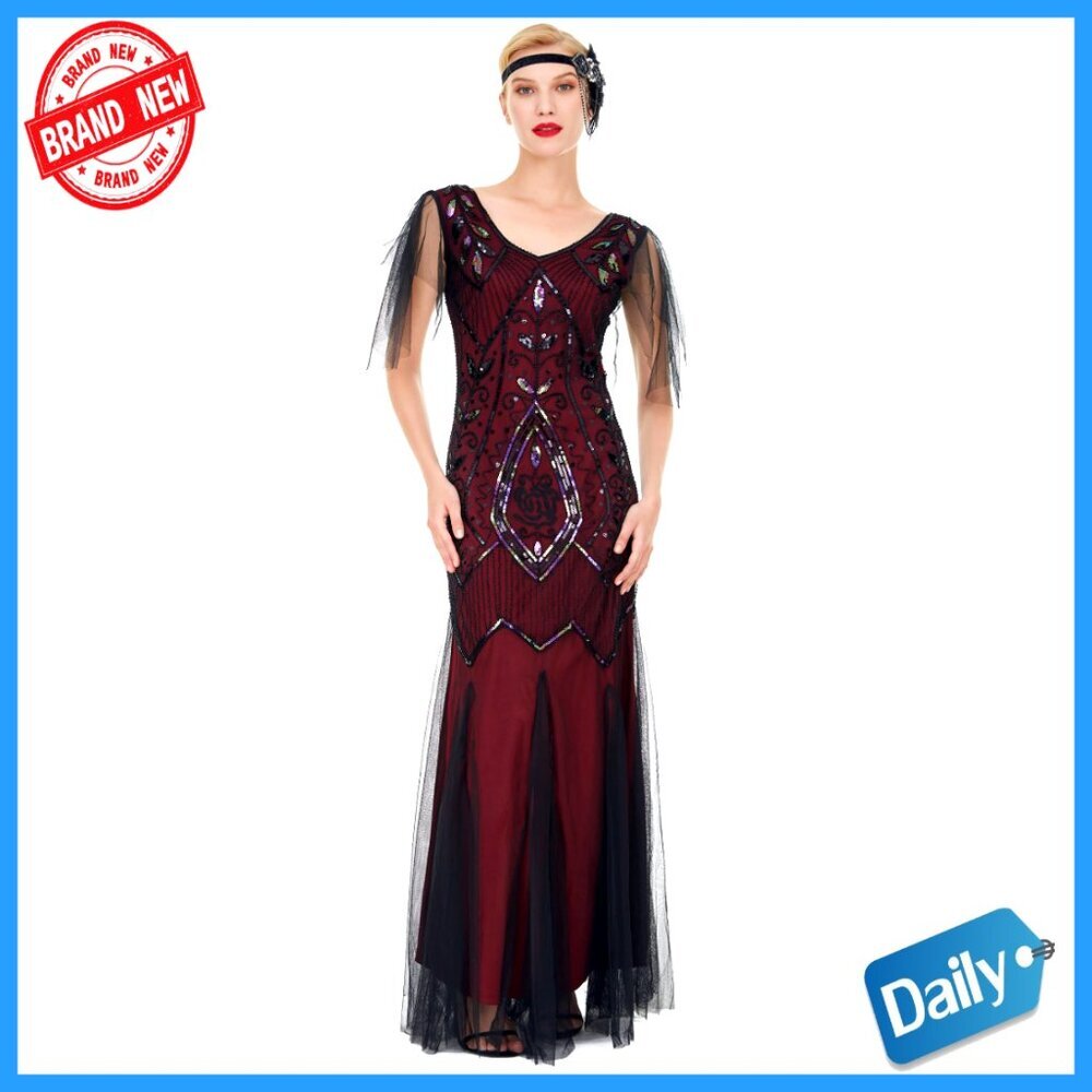 Vintage Art Deco Sequin Maxi Dress Flapper Gown Formal Evening Wear
